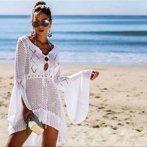 White boho knit beach coverup